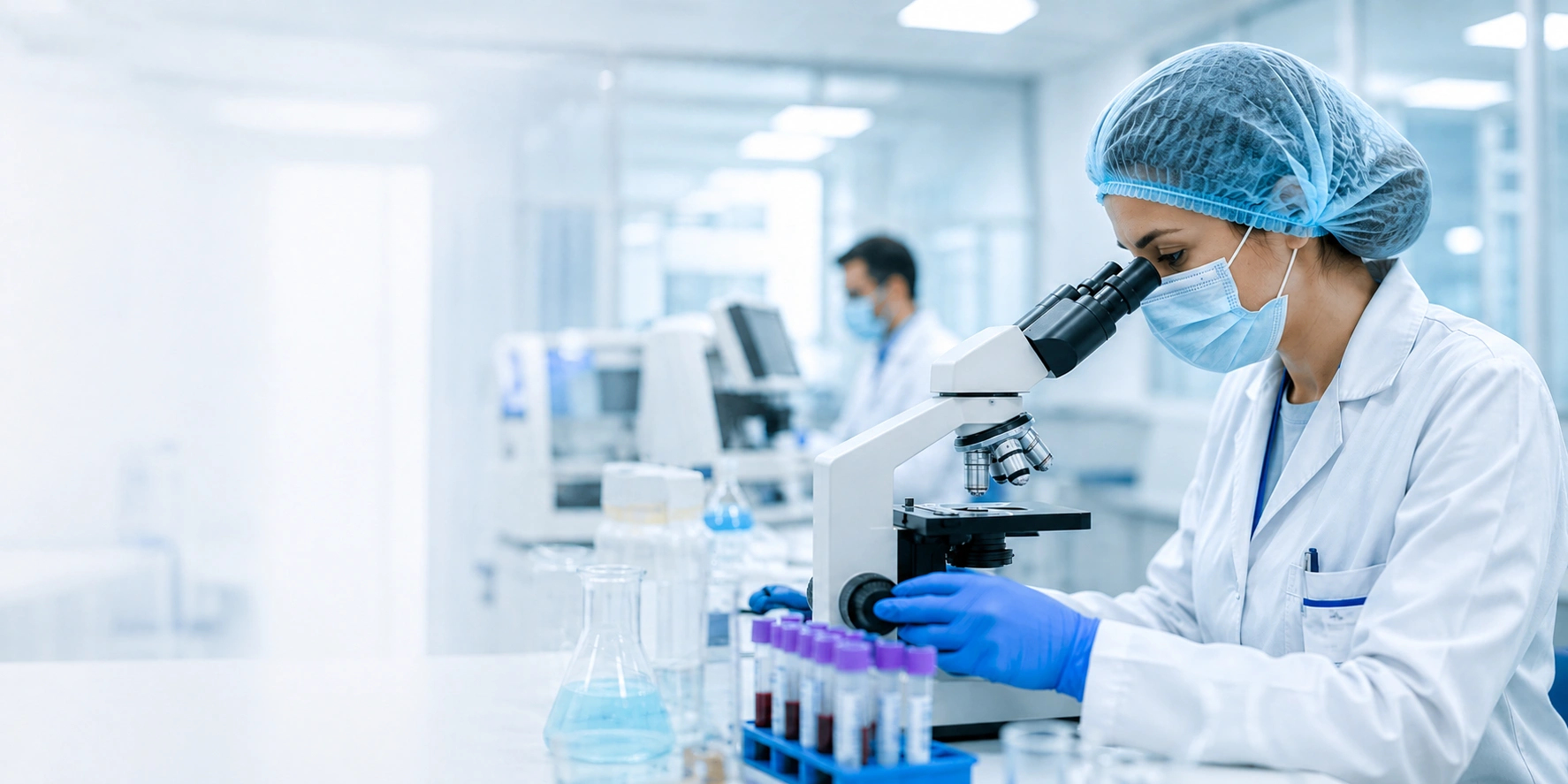 أخصائية معمل تفحص عينة تحت الميكروسكوب داخل معمل MSK للتحاليل الطبية بمدينة بدر